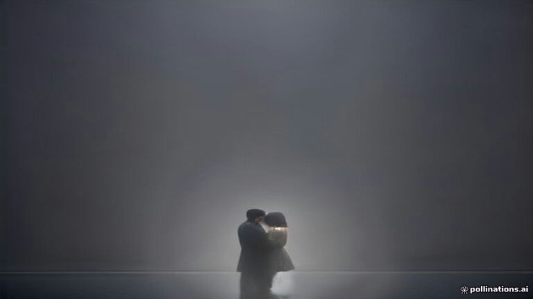 Surreal dreamlike scene of people standing in a misty square with subtle glowing light threads between them