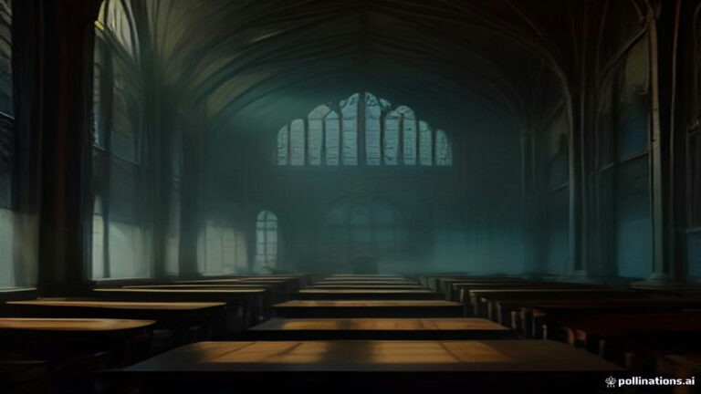 An empty desk inside a dimly lit lecture hall with soft morning light streaming through windows.
