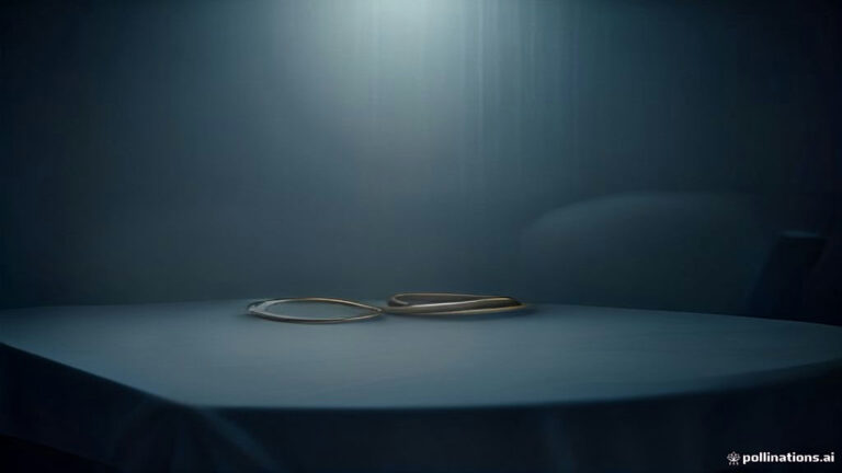 Two golden wedding bands separated across a cracked slate surface in soft blue light