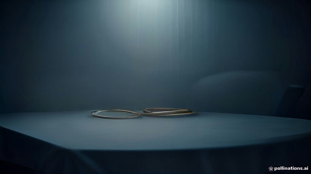 Two golden wedding bands separated across a cracked slate surface in soft blue light