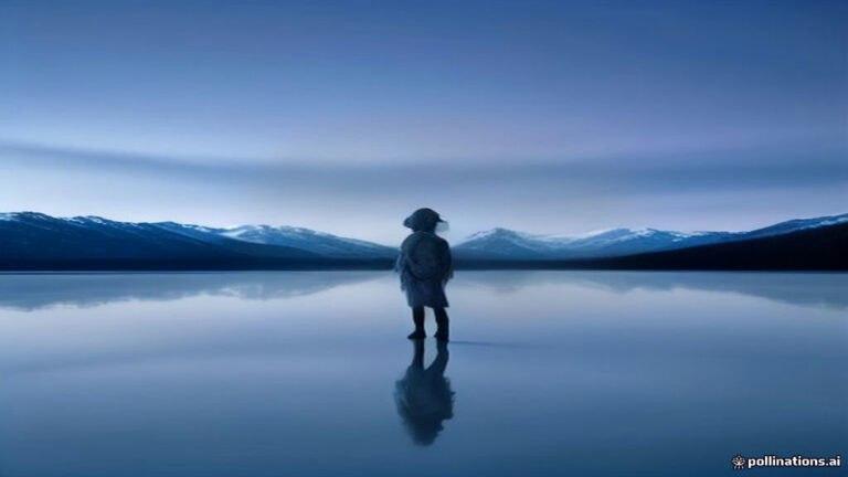 A lone silhouette gliding smoothly across a vast mirror-like frozen lake under twilight light.