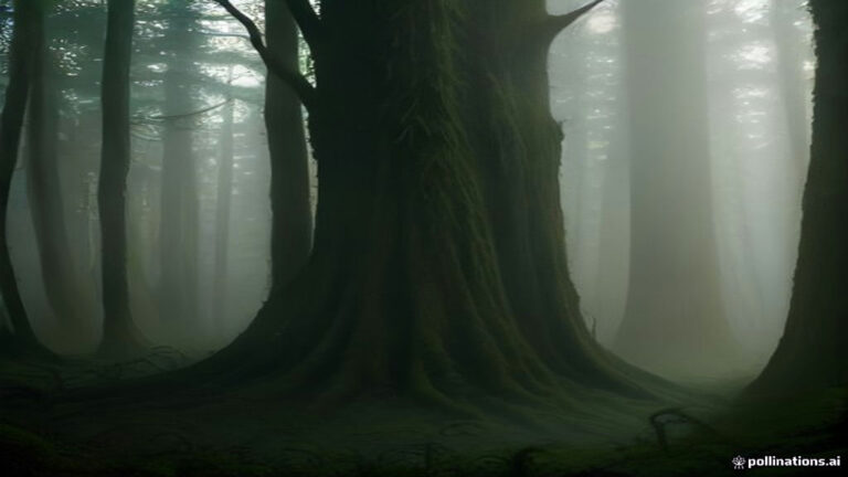 A low perspective sweeping between tall mossy forest trees with soft sunlight streaming through the leaves