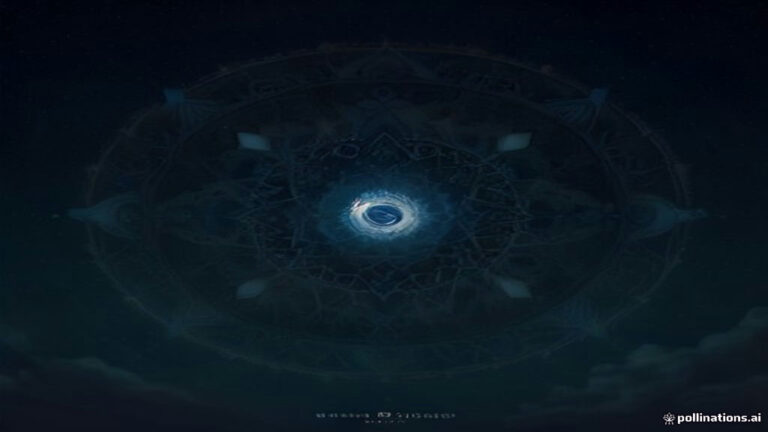 A glowing geometric gold and turquoise mandala shimmering across a dark indigo night sky.