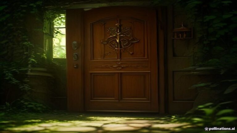 An ornate golden key turning in the lock of an ancient weathered wooden door