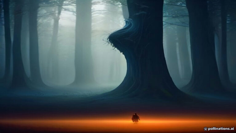 Two glowing ethereal figures embracing softly amidst floating twilight mist and gentle golden light