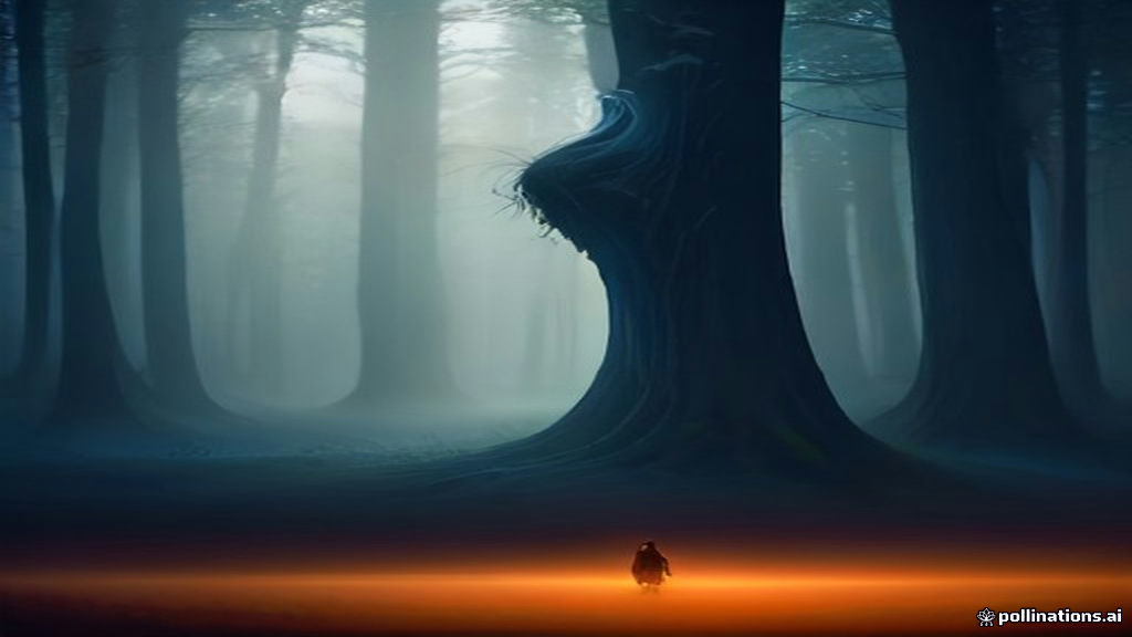 Two glowing ethereal figures embracing softly amidst floating twilight mist and gentle golden light