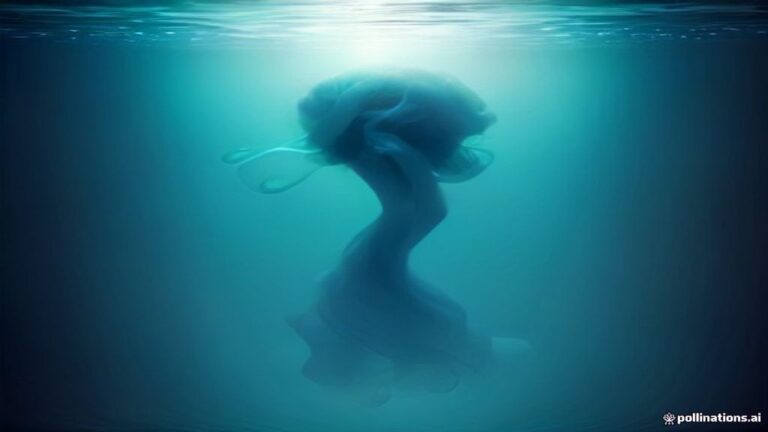 A translucent glowing jellyfish swimming silently near a human silhouette in deep ocean waters.