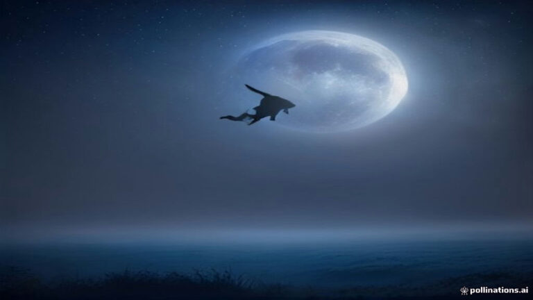 A silhouette hovering in a moonlit night sky slowly descending toward a mist-covered field