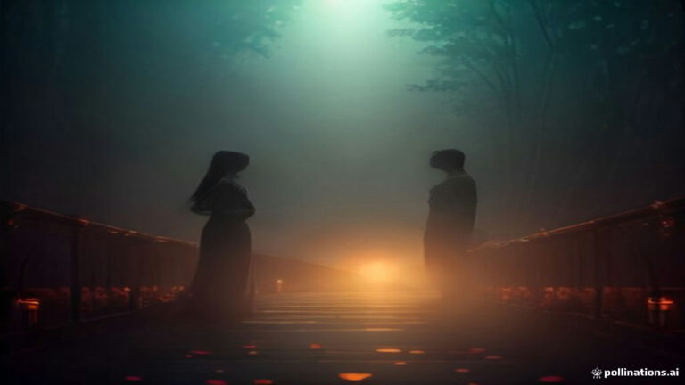 Surreal dreamscape of two shadowed figures on a glowing bridge under soft golden light