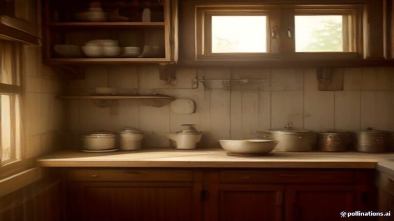 Rustic vintage kitchen counter with ceramic mixing bowls and flour floating in warm morning sunlight