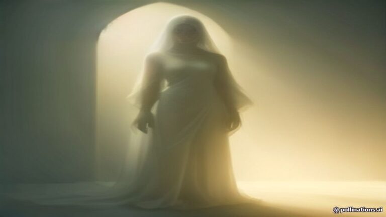 An ethereal figure draped in luminous white fabric standing in a softly lit doorway.