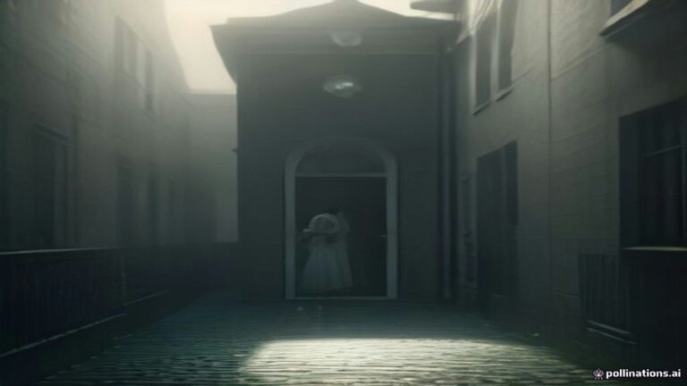 A front doorstep open to a misty morning street with a softly illuminated coat hanger floating nearby.
