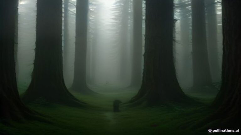 A person hovering gently just above the forest floor in soft morning light