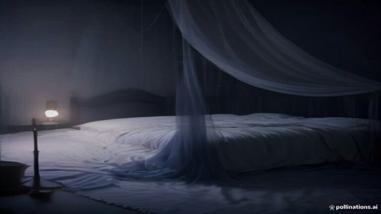 A serene dreamscape showing a person floating gently a few feet above a bed in moonlight