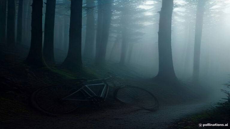 A lone bicycle on a misty downhill mountain road bathed in soft twilight glow