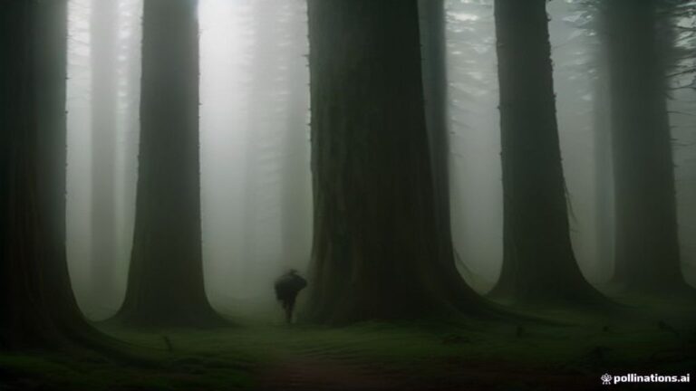 A lone figure standing among tall ancient pines shrouded in dense grey mist and damp fog