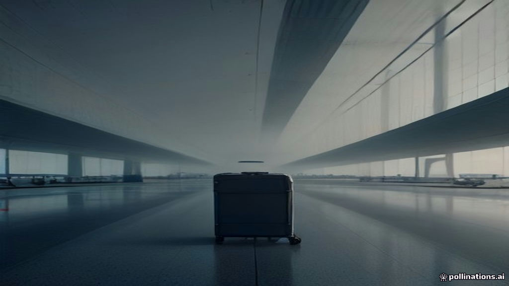 An empty airport boarding gate at dusk looking out at an airplane departing on the tarmac.