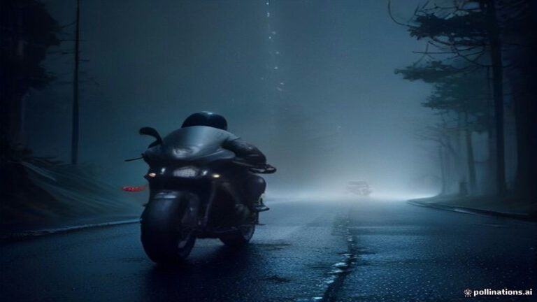 A lone motorcycle leaning into a damp winding asphalt road under soft evening moonlight