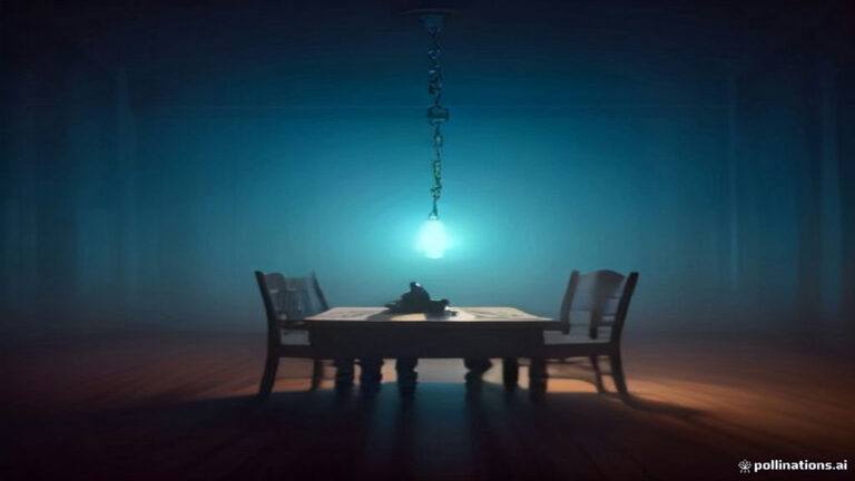 Two silhouette figures sitting at a wooden table surrounded by floating glowing keys in soft twilight mist