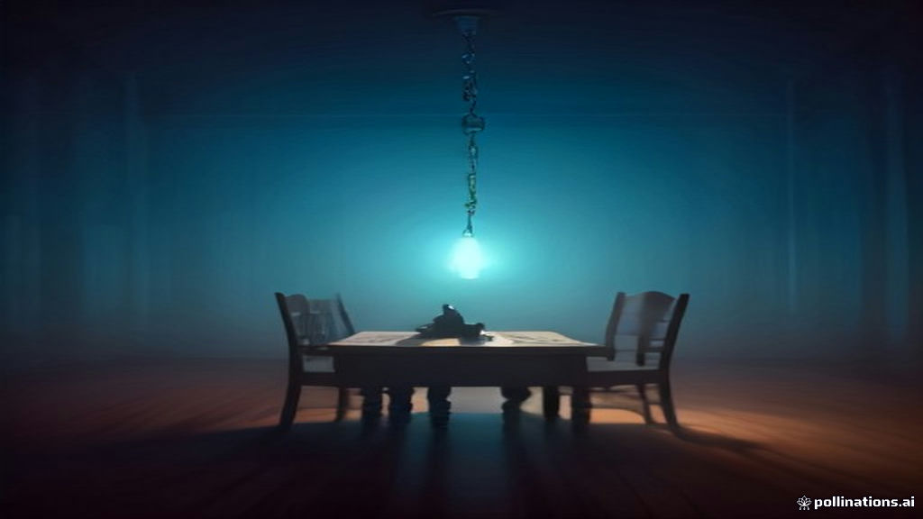 Two silhouette figures sitting at a wooden table surrounded by floating glowing keys in soft twilight mist