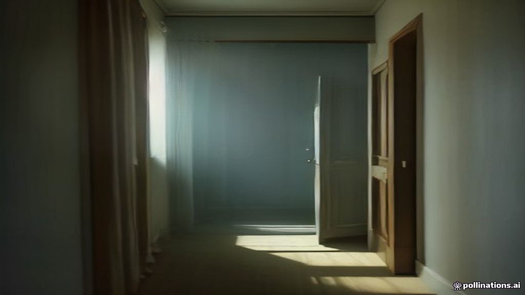 An empty bedroom with an unmade bed in soft morning light looking toward an open hallway