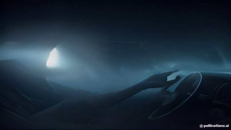 Conceptual image of ethereal hands reaching toward a car's steering wheel during a foggy nighttime drive