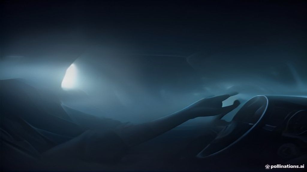 Conceptual image of ethereal hands reaching toward a car's steering wheel during a foggy nighttime drive