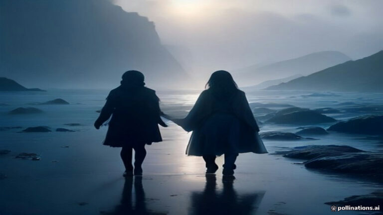 Two gentle silhouettes walking along a misty, softly illuminated path by the sea at twilight.