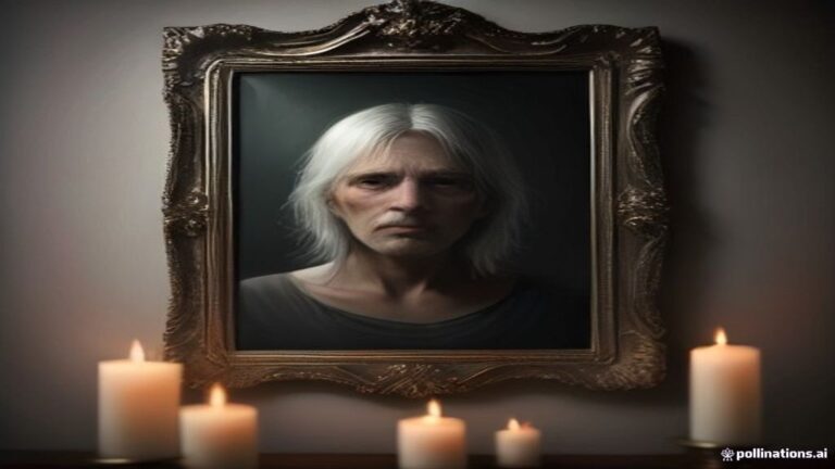 An ethereal mirror hanging in a dimly lit room reflecting a serene silver-haired face