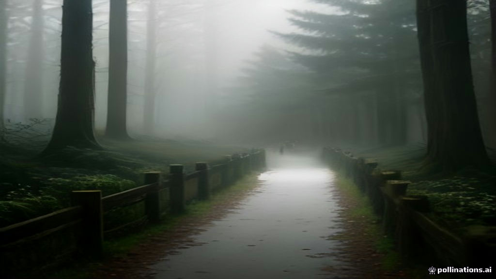 A white bridal veil snagged on a wooden gate leading into a misty forest at dawn