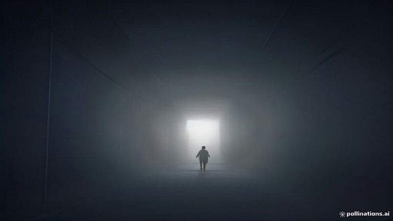 Abstract shadowy silhouette towering in a foggy blue night landscape with soft ethereal light