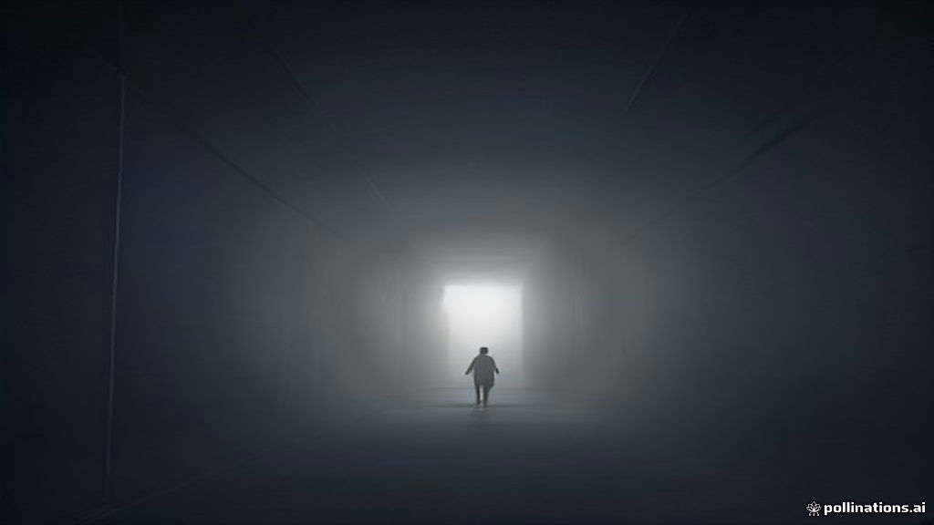 Abstract shadowy silhouette towering in a foggy blue night landscape with soft ethereal light