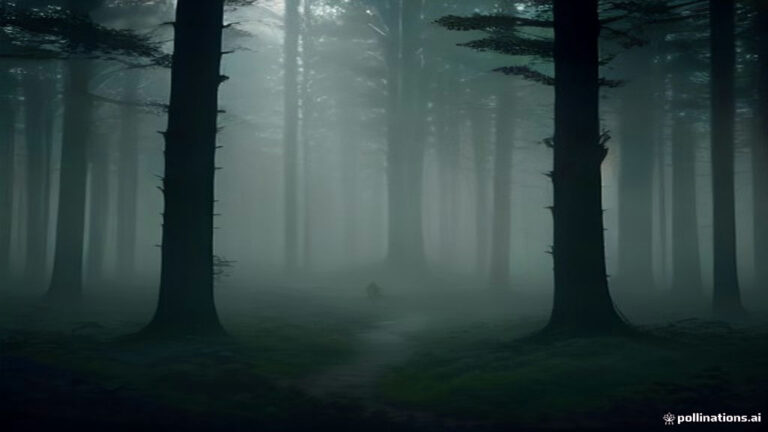 A stylized silhouette moving through a misty glow-lit forest surrounded by soft ethereal light.