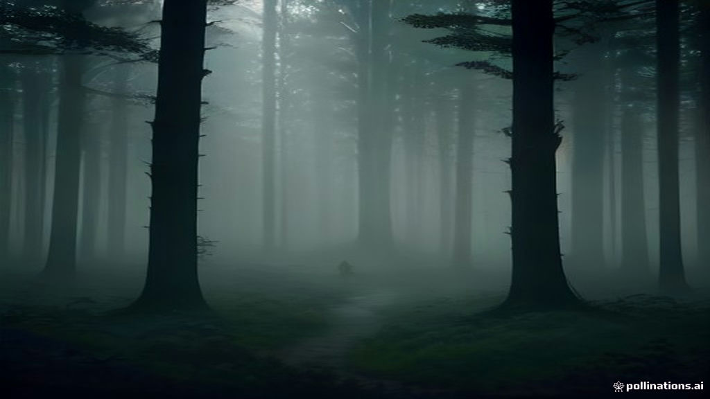 A stylized silhouette moving through a misty glow-lit forest surrounded by soft ethereal light.