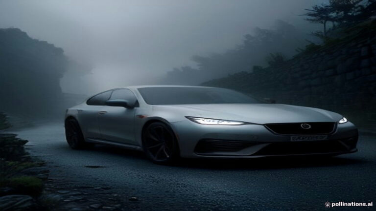 An autonomous sedan approaching a dark stone wall in a misty, surreal evening landscape.