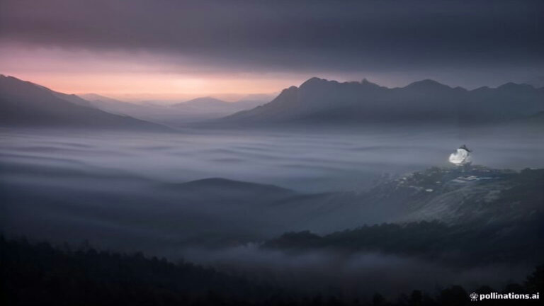 An ornate silver key floating downward through misty twilight clouds toward the earth below.