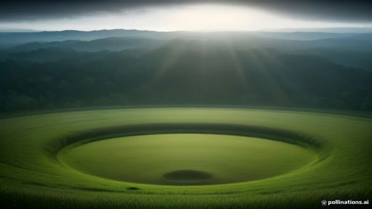 A circular sinkhole opening in the middle of a sunlit green grassy field