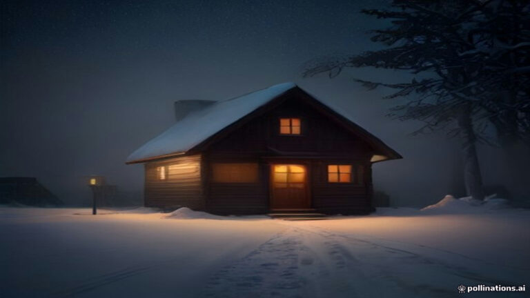 A small cozy cottage almost completely covered by high white snowdrifts under a twilight winter sky