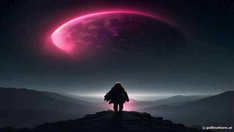 A surreal solar eclipse with a glowing red crimson corona in a dark night sky above distant mountains