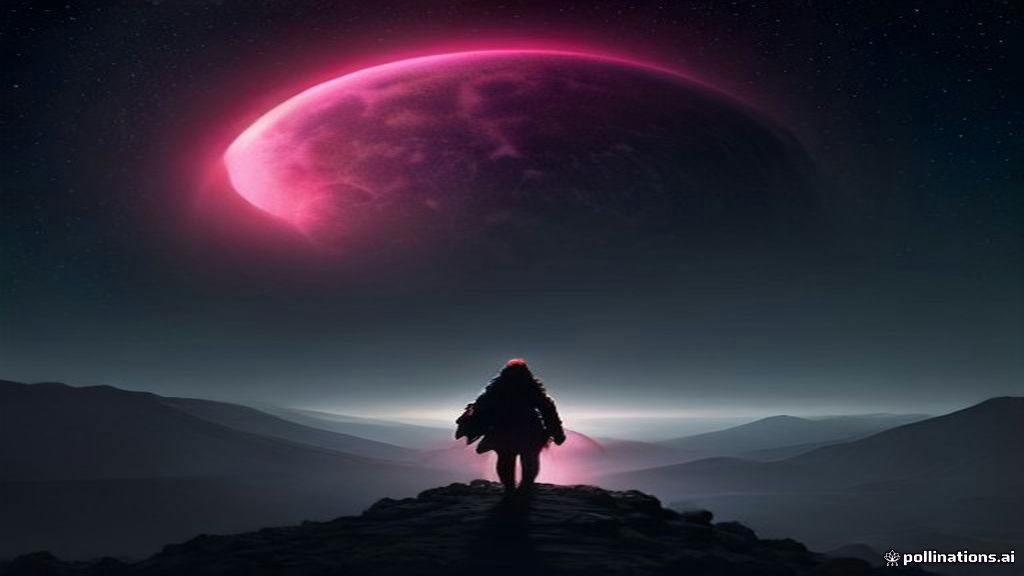 A surreal solar eclipse with a glowing red crimson corona in a dark night sky above distant mountains