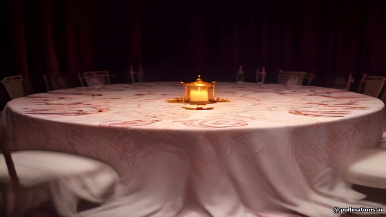 Dark liquid spilled across an elegant white garment at a lit wedding banquet table