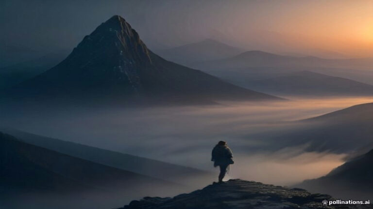 A figure standing on a misty mountain peak facing a cloaked glowing spiritual figure.