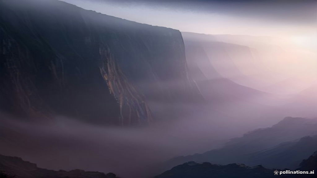 A vast mountain cliff edge overlooking a quiet mist-covered canyon bathed in dawn light.
