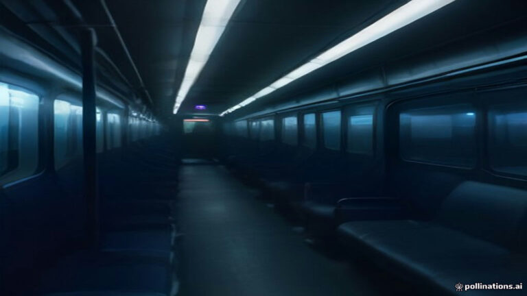 A subway train stopped inside a dark concrete tunnel with soft light glowing from the windows.