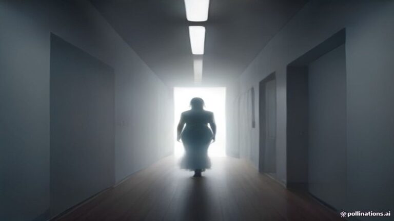 A figure standing in a dimly lit surreal corridor where light gradually fades into shadow
