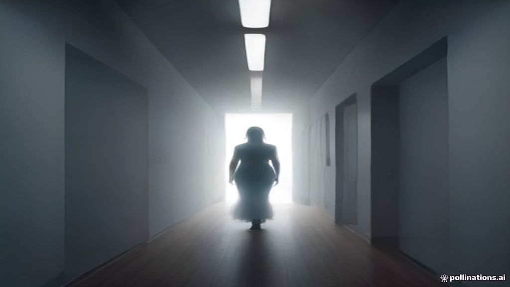 A figure standing in a dimly lit surreal corridor where light gradually fades into shadow
