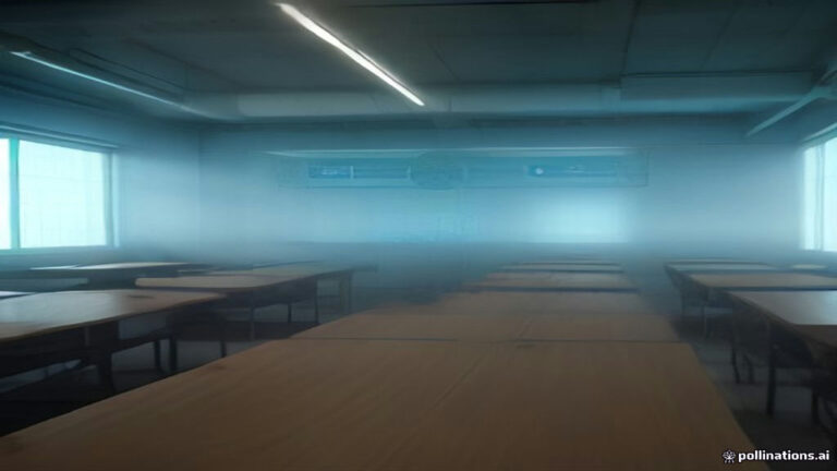 A surreal classroom with floating wooden desks and illuminated mathematical symbols soft lighting