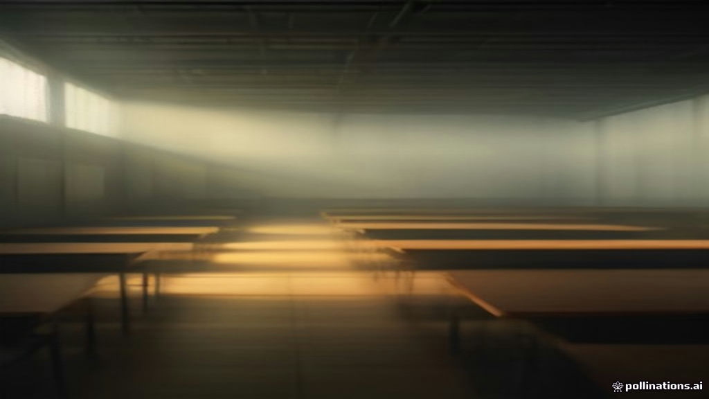 An airy, surreal dream lecture hall with tall windows, soft light, and empty wooden desks