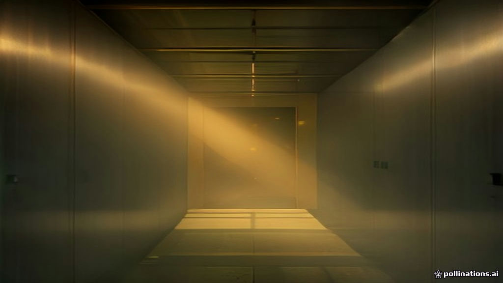 A cinematic metallic elevator frame filled with warm frosted glass light and soft surrounding mist.