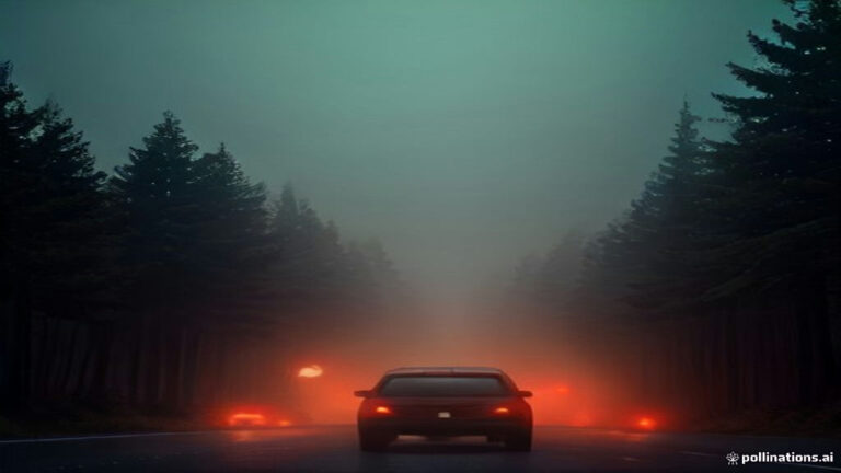 An endless highway jammed with illuminated red car taillights disappearing into a misty indigo dusk.
